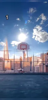 Basketball court with city skyline at sunset.