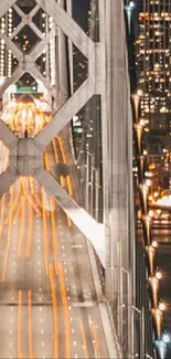Vibrant urban bridge at night with city lights illuminating the scene.