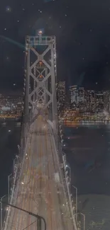 Night view of a lit city bridge with reflections on water.