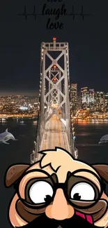 Mobile wallpaper featuring a city bridge at night with cartoon characters and dolphins.