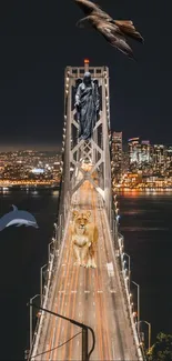 City bridge with wildlife and city lights in artistic mobile wallpaper.