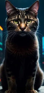 A majestic cat sits against neon city lights at night.