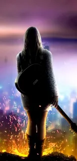 Girl with guitar in vibrant fiery cityscape wallpaper.