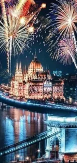 Vibrant fireworks over illuminated city skyline at night, featuring a picturesque bridge.