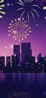 City skyline with fireworks illuminating the night sky.