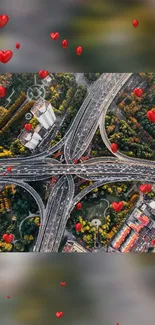 Aerial view of city roads with floating red hearts, showcasing urban creativity.