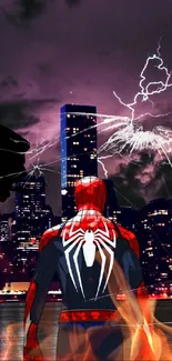 Superhero facing city skyline with lightning in the night sky.