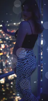 Stylish figure gazing over city lights at night in a blue-lit room.