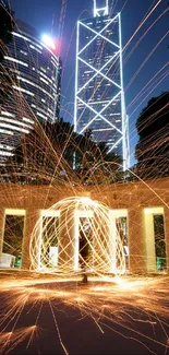 Cityscape with light trails and skyscrapers, showcasing urban vibrancy at night.