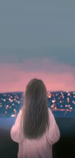 Girl gazing at city lights under a serene night sky.