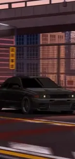 Stylish black car driving through a vibrant cityscape at night.