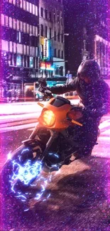 A motorcycle rider speeds through a vibrant city street at night.