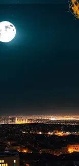 Breathtaking cityscape under a full moonlit night sky wallpaper.