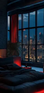 Luxurious bedroom with city night view and fireplace.