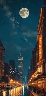 City night skyline with moonlit street and glowing lights.