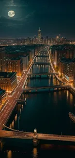 City night view with bridges and full moon.