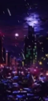 Futuristic neon cityscape at night with moonlit skyline.