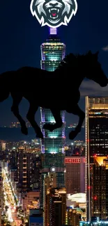 Silhouette of a horse over Taipei city's illuminated skyline at night.