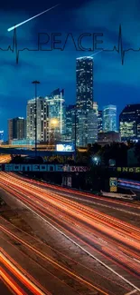 Serene city nightscape with vibrant light trails.