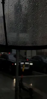 Moody rainy cityscape with umbrella view.