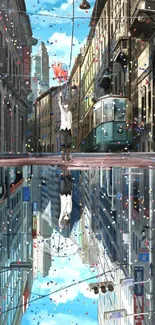 Artistic city reflection wallpaper with tram and vibrant colors.