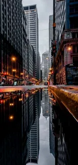 Cityscape with skyscrapers reflected in a rain-soaked street.