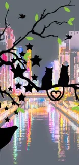 Colorful city night with silhouette art.