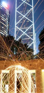 City skyline with dynamic light trails at night, featuring skyscrapers.