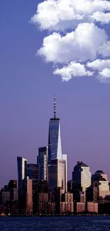 Mobile wallpaper showing a city skyline at dusk with a blue-violet sky.