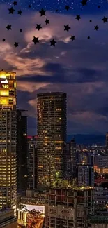 City skyline at dusk with illuminated skyscrapers and a starry sky backdrop.