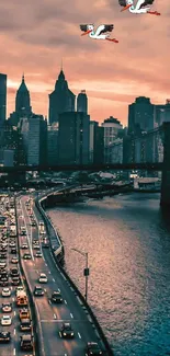 City skyline with bridge at dusk, vibrant orange sky, and flowing traffic.