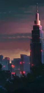 City skyline at dusk with glowing windows and a purple sky.