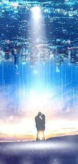 Romantic couple silhouetted against a dreamy cityscape with vibrant lights.