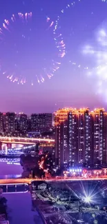 Vibrant city skyline with fireworks lighting up the night sky.