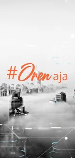 City skyline with orange text overlay in fog.