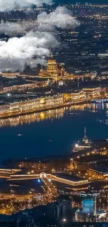 A vibrant city skyline at night with bright lights and water reflections.