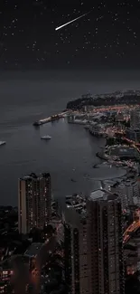 Starry city skyline at night with ocean view and skyscrapers.