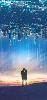 Romantic couple silhouetted against city skyline in stunning mobile wallpaper.