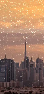 Golden city skyline under snow effect, stunning wallpaper.