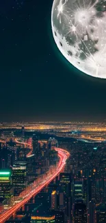 City skyline illuminated by moonlight and urban lights at night.