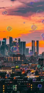 City skyline with sunset and floating bubbles.