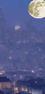 Mobile wallpaper of a city skyline under a bright full moon at night.