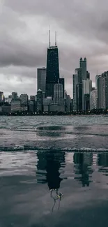 City skyline with cloudy sky and water reflection.