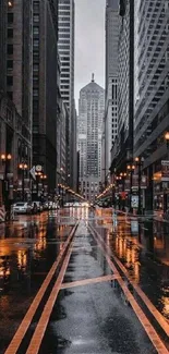 Reflective city street at night with skyscrapers and streetlights.