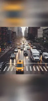 Rainy city street with cars and lights on a cloudy evening.