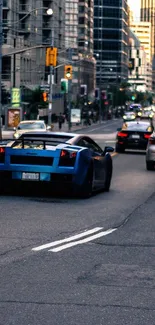 Supercar drives through busy downtown city street, capturing urban essence.