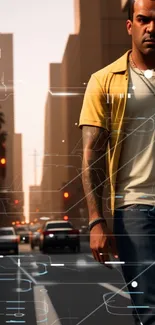 Man walking down city street at sunset with buildings and streetlights.