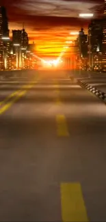 Cityscape sunset road with glowing skyline.