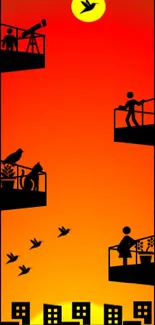 Silhouette of cityscape at sunset with figures and flying birds in vibrant colors.