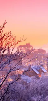 A stunning winter cityscape at sunset with snow-covered trees and vibrant skies.